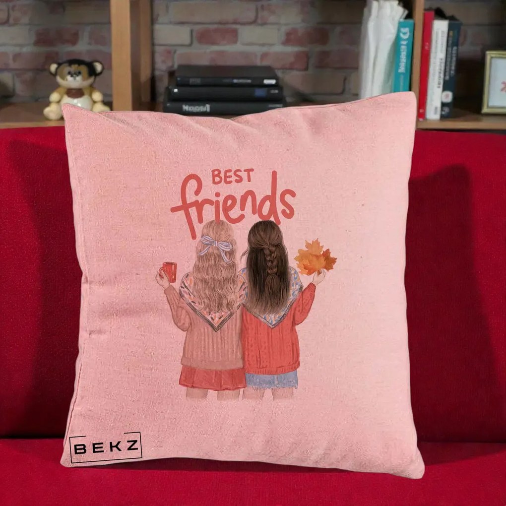 Cadou pentru Prieteni - Perna Personalizata Best Friends Toamna, 40x40 cm, Roz, Husa Detasabila, Perna Inclusa, BEKZ®
