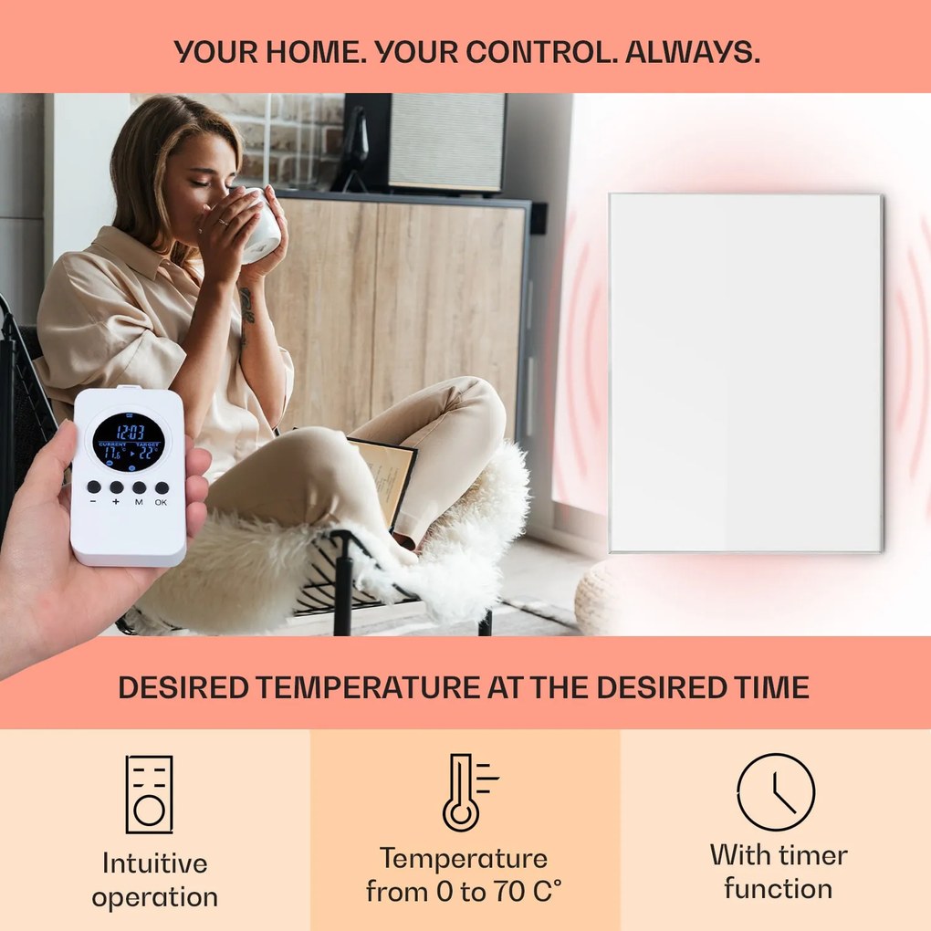 Klarstein Wonderwall Air 120, încălzitor cu infraroșu, 100 x 120 cm, 1200 W, montat pe perete, telecomandă, alb