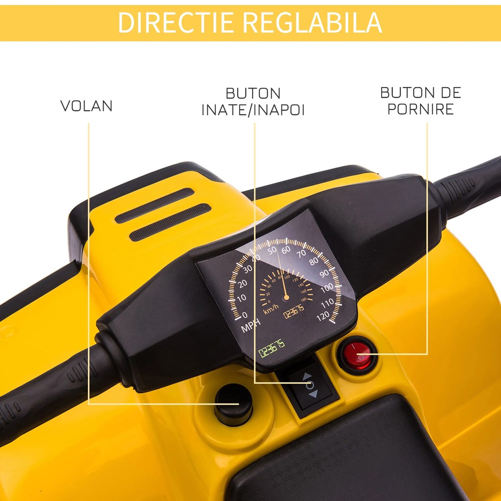 ATV electric pentru copii cu lumini si claxon 6V, 3 km/h, 18-36 luni, Negru/Galben HOMCOM | Aosom Romania