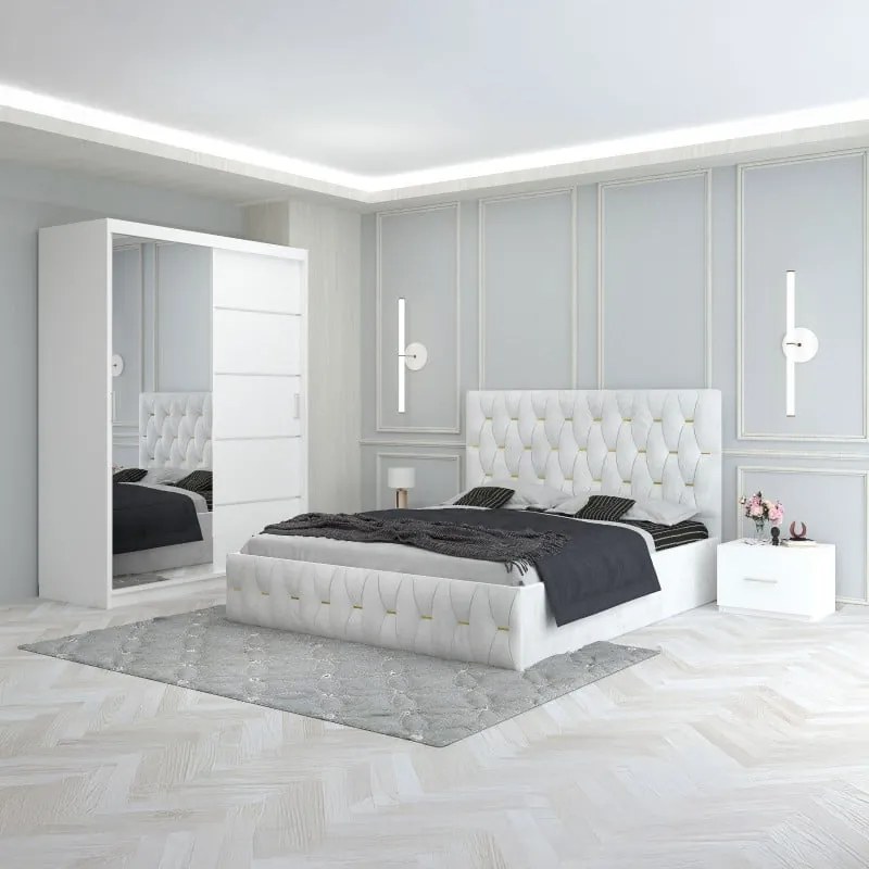 Set Mobila De Dormitor Eric Alb, pat tapitat 160x200cm,  dulap cu oglinda 150x210cm, noptiere