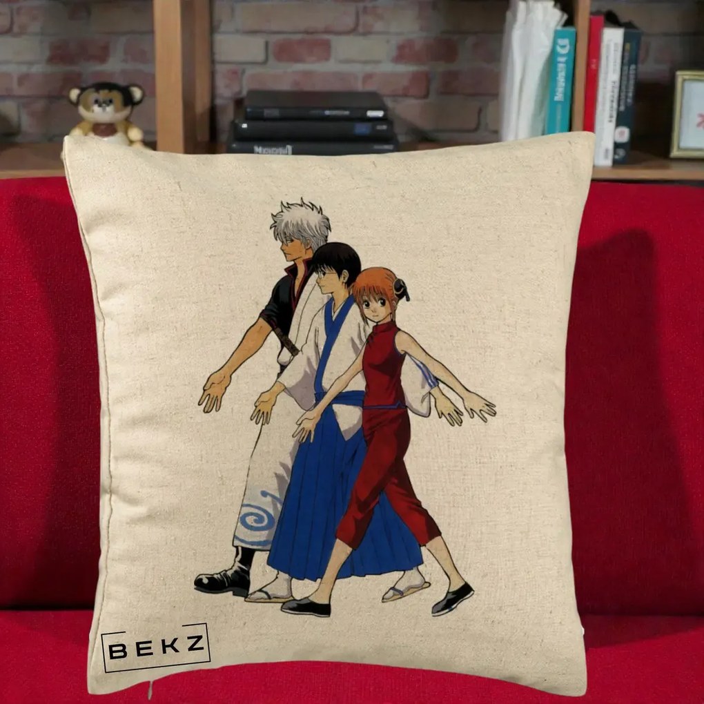 Perna Personalizata Gintama Trio Gintoki Shinpachi Kagura, 40x40 cm, Bej, Husa Detasabila, Perna Inclusa, BEKZ®