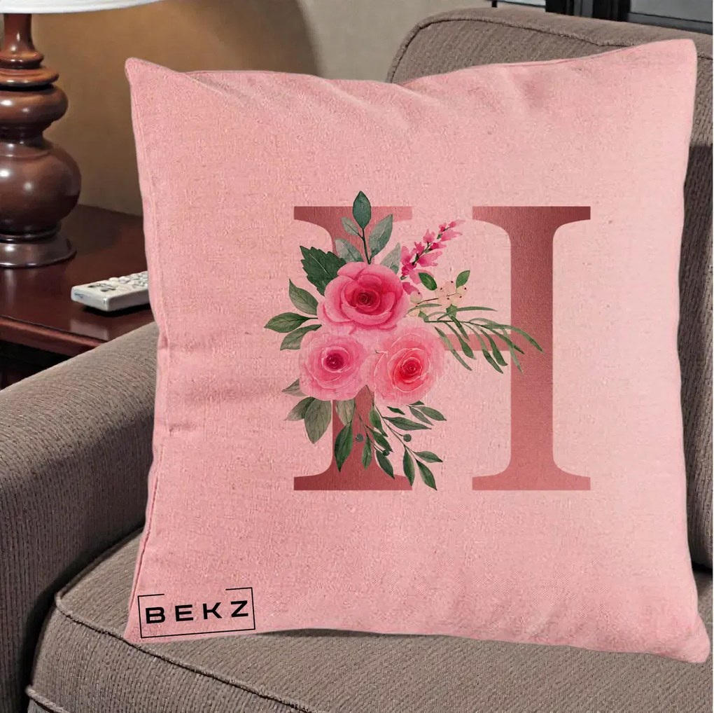Cadou Personalizat - Perna Personalizata Monograma Rose Gold Litera H, 40x40 cm, Roz, Husa Detasabila, Perna Inclusa, BEKZ®