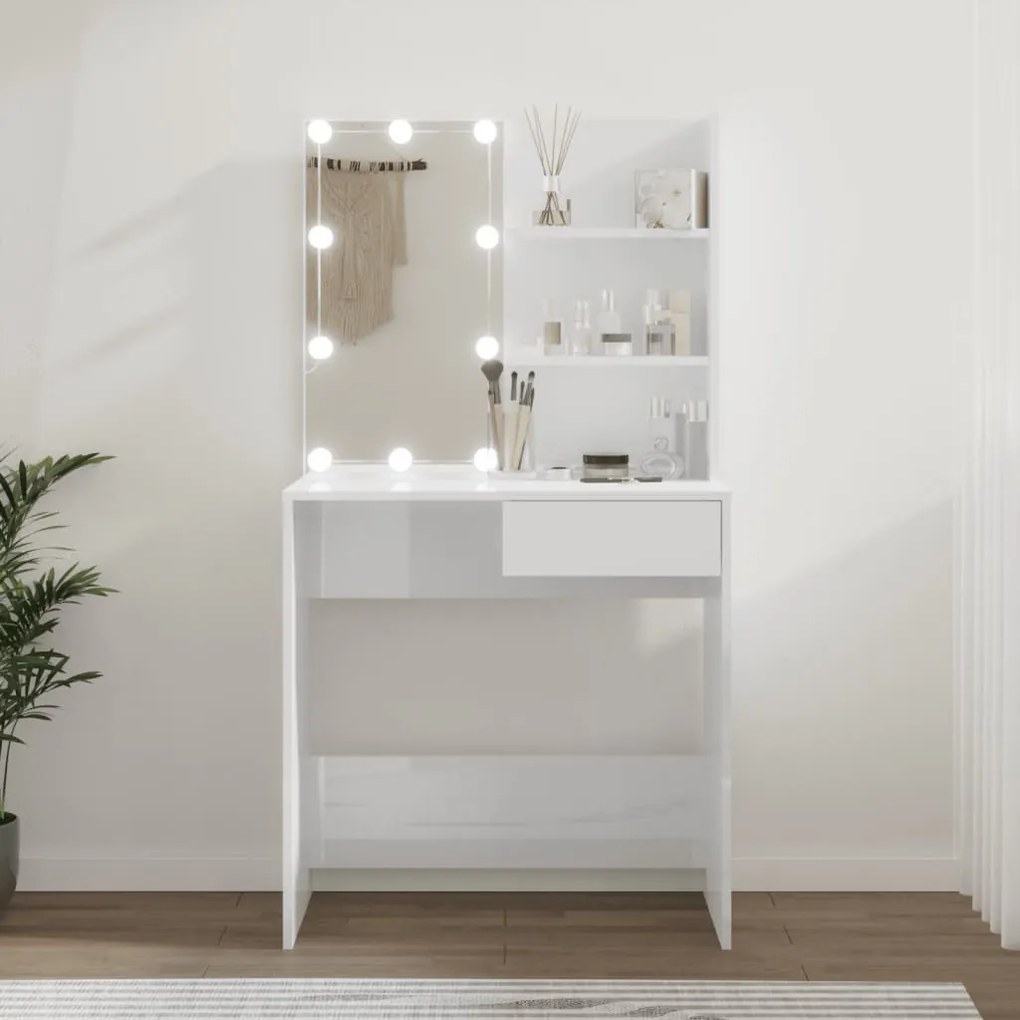 808807 vidaXL Masă de toaletă cu LED, alb extralucios, 74,5x40x141 cm