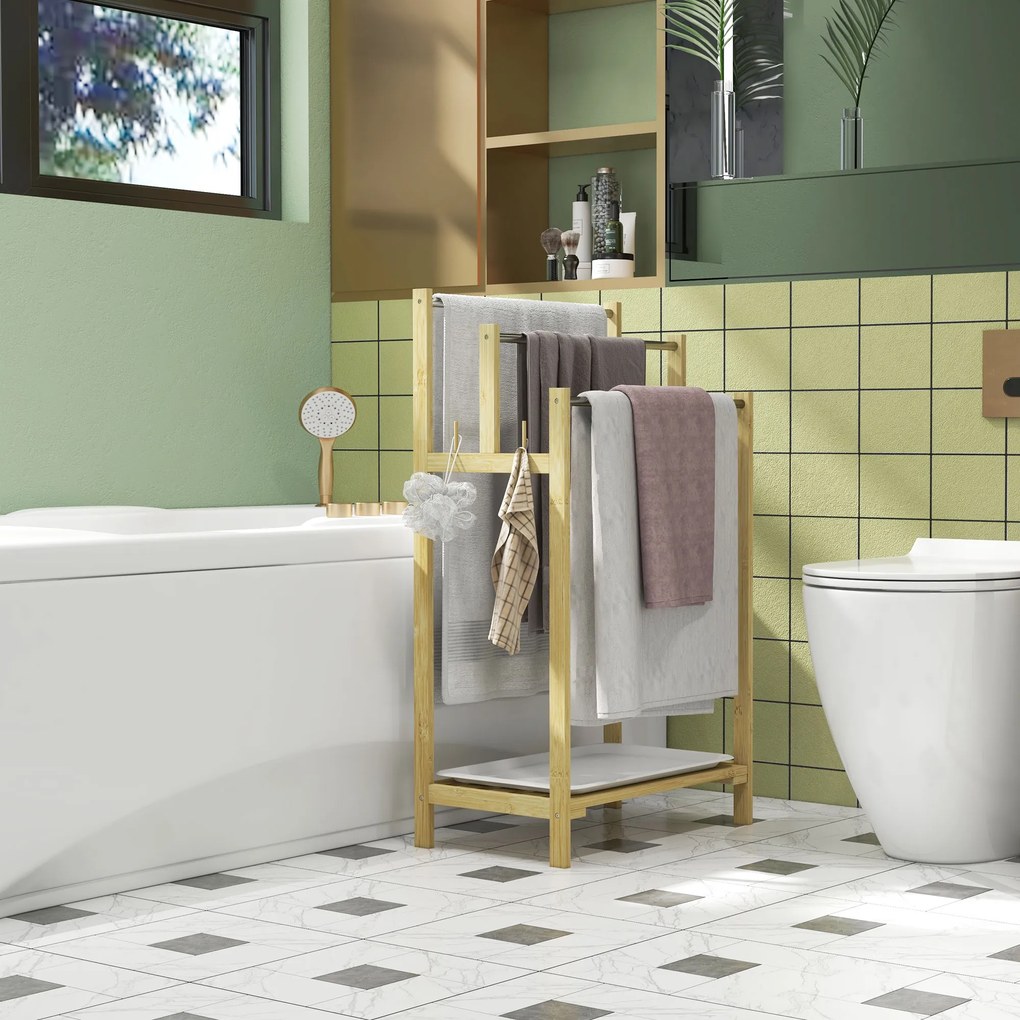 HOMCOM Suport de prosoape din bambus cu 3 bare, raft de depozitare, 4 cârlige și platou detașabil, 50,5Lx31Px90H cm natural | Aosom Romania