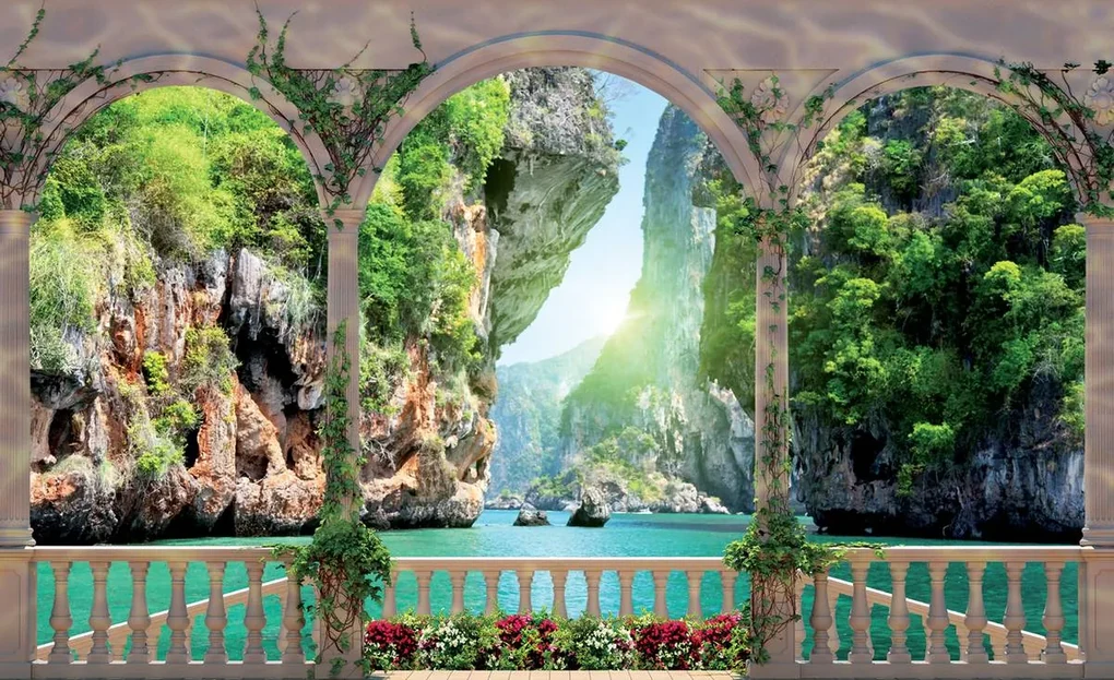 Fototapet - Privire din terasă spre tunel din piatră (152,5x104 cm), în 8 de alte dimensiuni noi