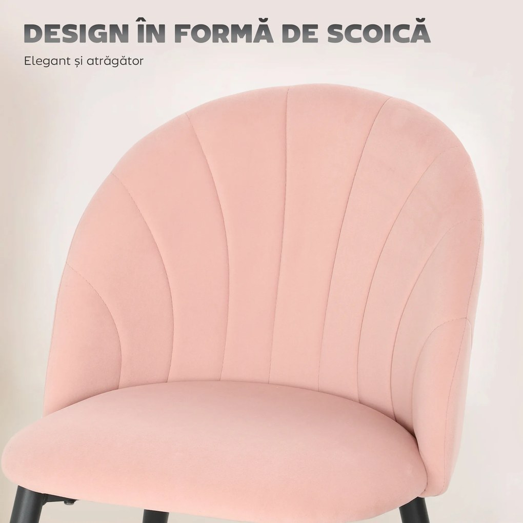 HOMCOM Set de 2 Scaune de Sufragerie din Catifea, Scaune Bucătărie cu Spătar Curbat în Formă de Scoică, Picioare din Oțel, Stil Nordic, Scaun Tapițat pentru Bucătărie, Dormitor, Cameră de Zi, Roz | Aosom Romania