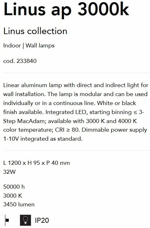 Aplica perete LED liniara 120cm ambientala LINUS AP 3000K WH