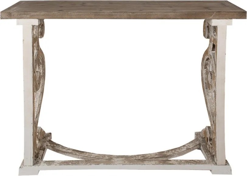 Consolă hol vintage din lemn, natur, cu suporturi laterale albe în volute și traversă arcuită, finisaj patinat, 92 x 125 x 39 cm, „Églantine”