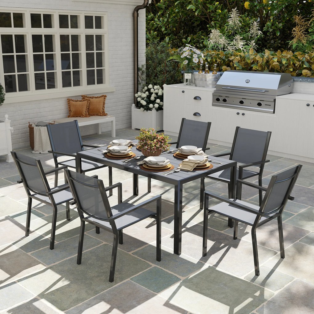 Outsunny Set Masă de Grădină cu Scaune, 7 Piese, Set de Prânz cu Masă cu Blat din Lemn Compozit cu Șipci și 6 Scaune de Exterior Stivuibile, Mobilier din Oțel cu Texteline, Gri și Negru | Aosom Romania