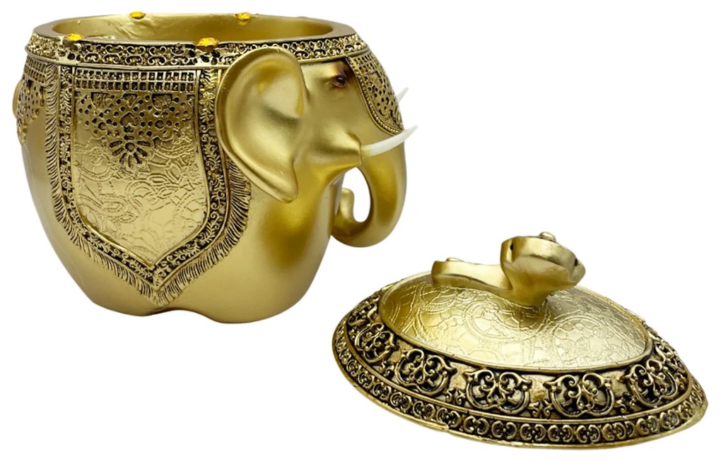 Elefant decorativ cu caseta de bijuterii GANESHA, Auriu, 16x10cm