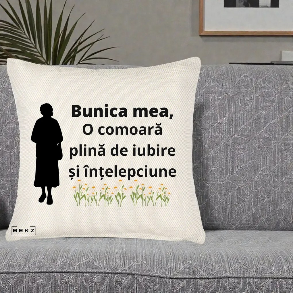Cadou pentru Bunica - Perna Personalizata Bunica Mea Comoara Iubire Intelepciune Silueta cu Nepoata, 40x40 cm, Crem Reliefat, Husa Detasabila, Perna Inclusa, BEKZ®