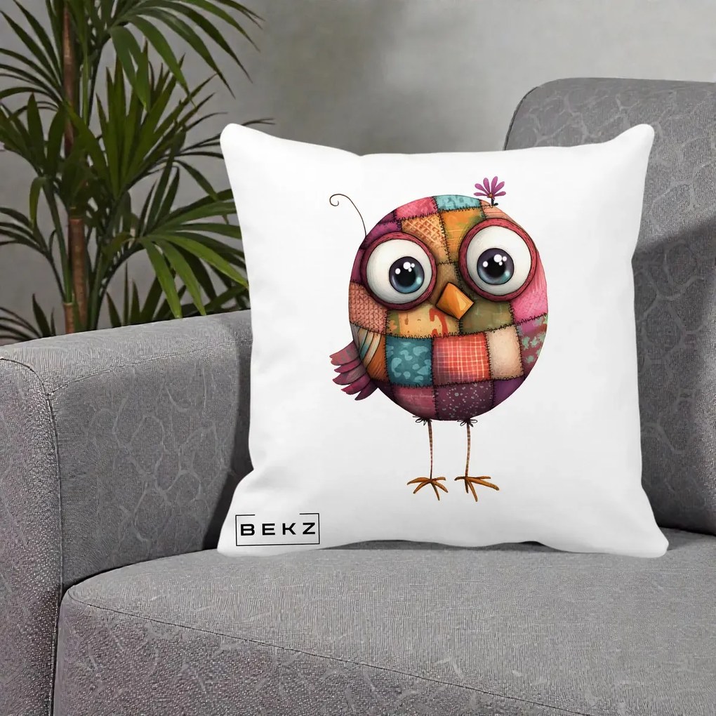 Perna Decorativa Pasare Patchwork Roz cu Floare, 40x40 cm, Alba Mata, Husa Detasabila, Perna Inclusa, BEKZ®