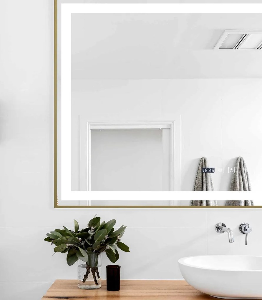 Oglindă Baie LED și Dezaburire Elit's Premium cu Senzor Touch, Lumina Rece, Caldă și Neutră, 120x80 cm, cu rama Bronz Gold Antichizat, Ceas