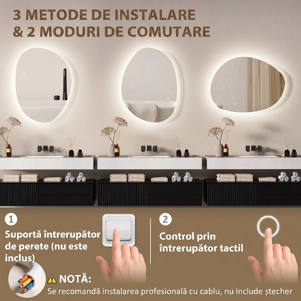 HOMCOM Oglindă de Baie LED cu Comutator Tactil Inteligent și  Intensitate Reglabilă, 80x5x60 cm, Argintiu | Aosom Romania