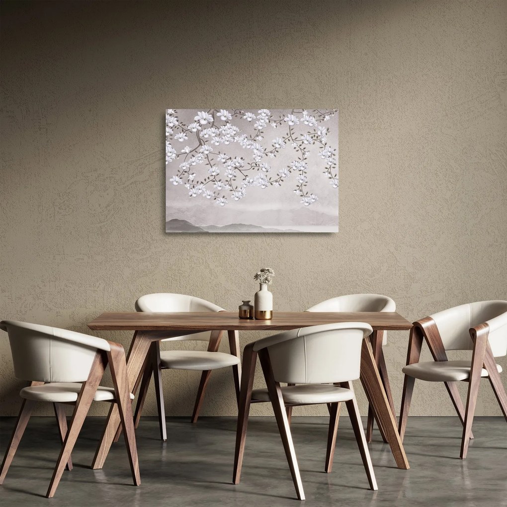 Tablou pe sticlă - Flori într-un peisaj gri (70x50 cm)