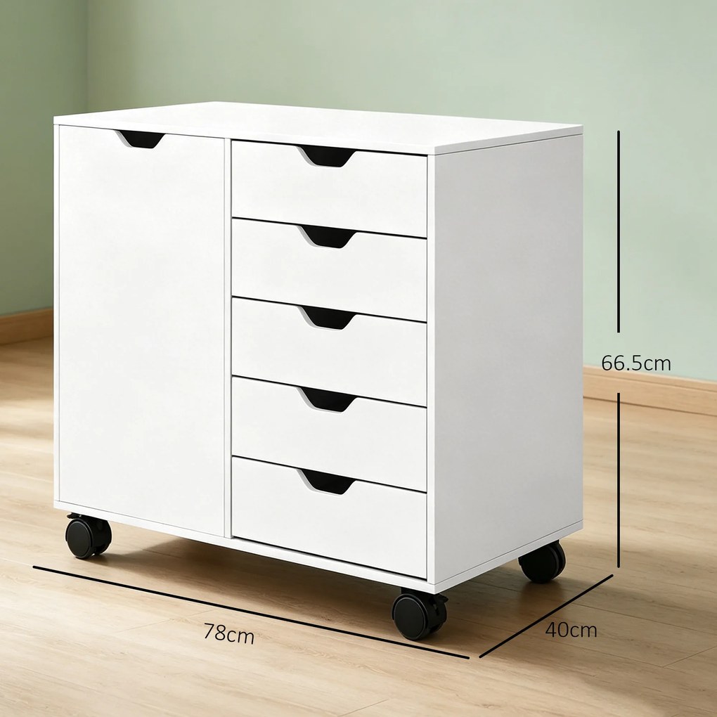 HOMCOM Dulap Lateral cu 5 Sertare, Dulap cu Raft Reglabil, Mobilier pentru Birou pe Roți, Suport pentru Imprimantă pentru Biroul de Acasă, Alb | Aosom Romania