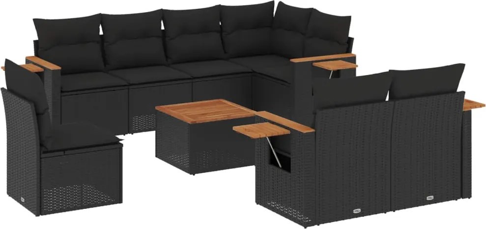 vidaXL Set mobilier de grădină cu perne, 9 piese, negru, poliratan