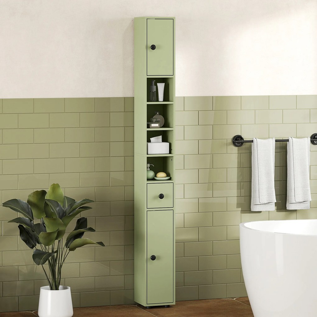 kleankin Coloană de depozitare dulap înalt pentru baie 1 sertar 4 rafturi reglabile și 2 dulapuri 20 x 20 x 180 cm verde | Aosom Romania