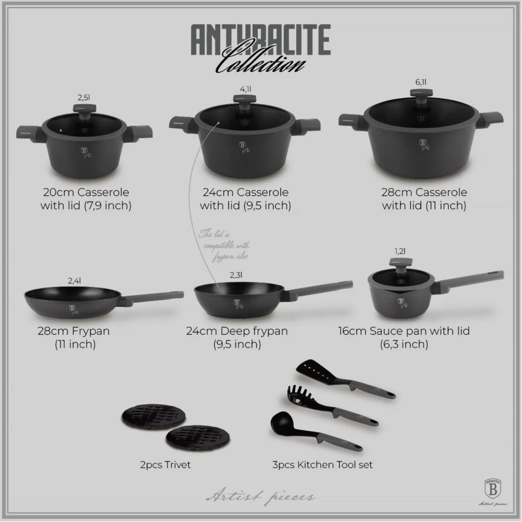 Set oale si tigai cu capace 15 piese Anthracite Berlinger Haus BH 8141, antiaderente, design premium, inductie