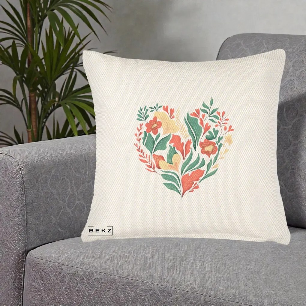 Perna Decorativa Inima Florala Botanica, 40x40 cm, Crem Reliefat, Husa Detasabila, Perna Inclusa, BEKZ®