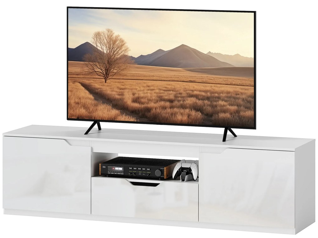 HOMCOM TV-Lowboard, lucios, pentru televizoare de până la 65 de inch, 3 făcuturi, sertar, 160 x 38 x 43 cm, Alb | Aosom Romania