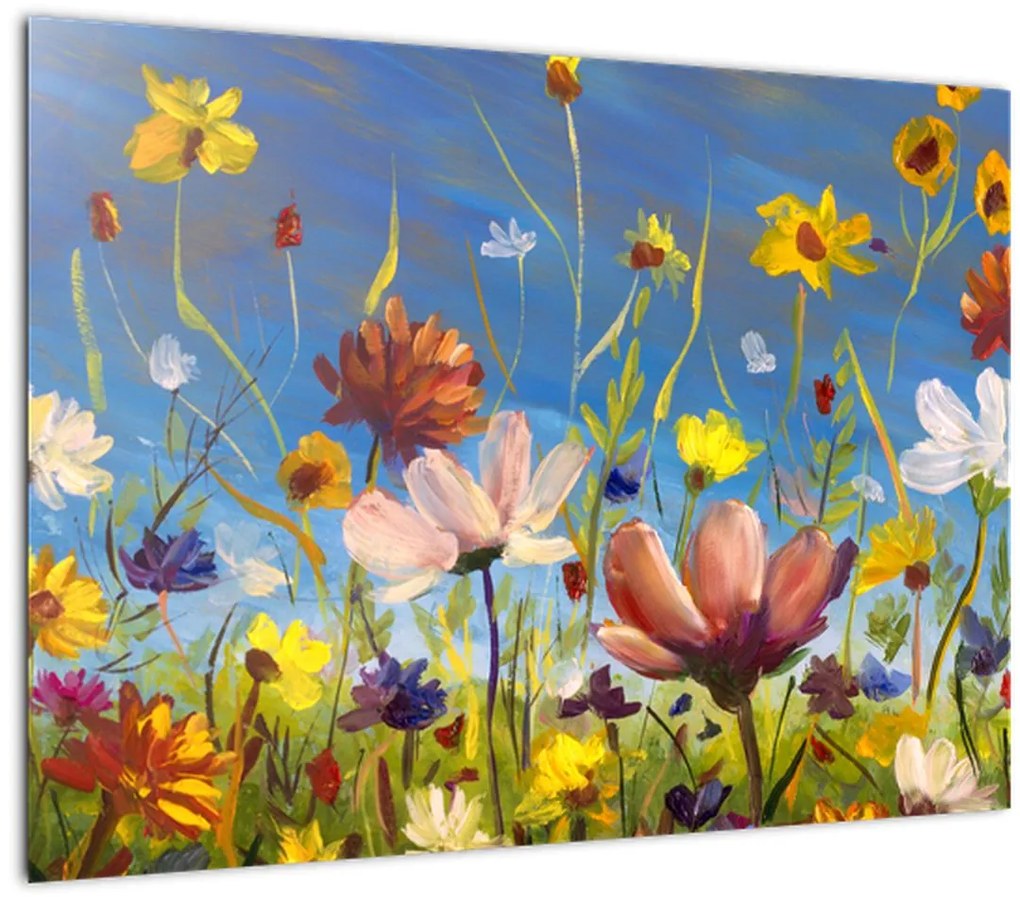 Tablou pe sticlă cu luncă înflorită (70x50 cm)