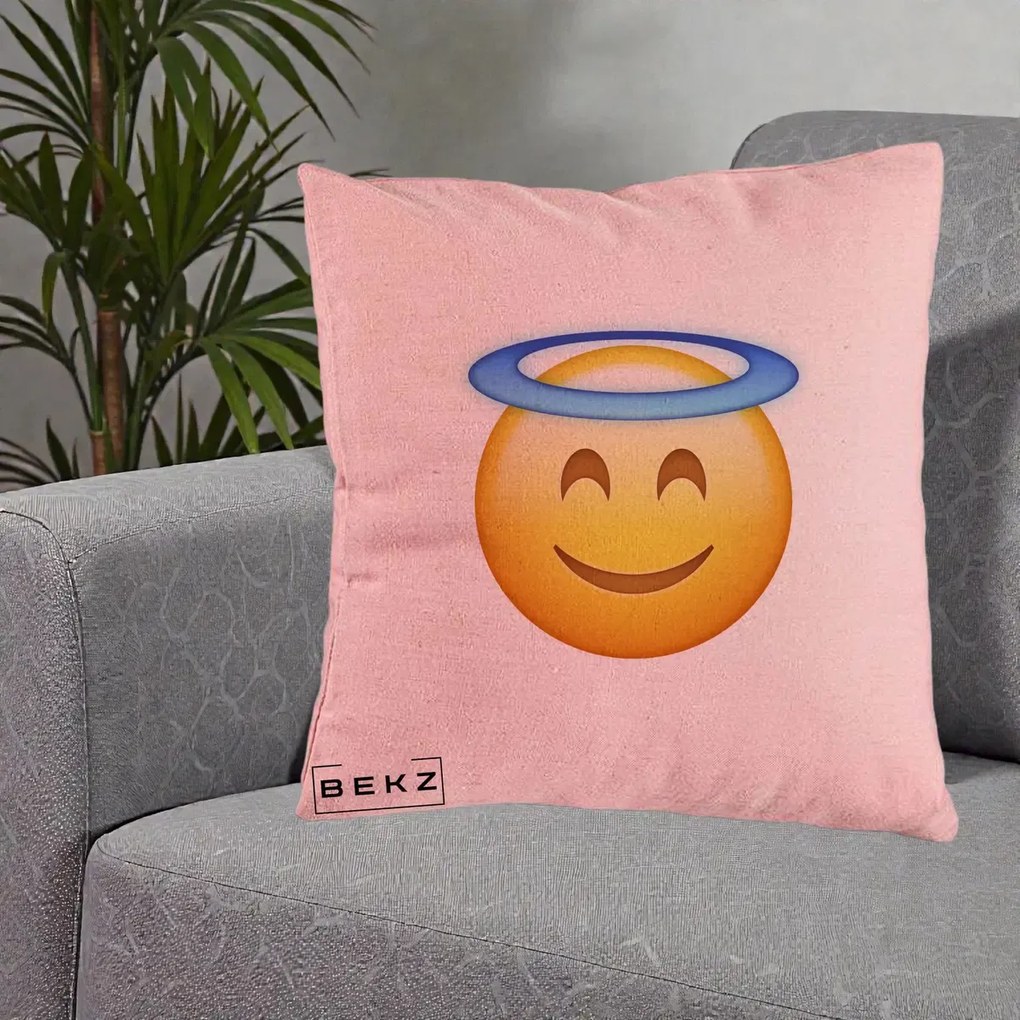 Perna Decorativa Emoji Inger cu Aureola, 40x40 cm, Roz, Husa Detasabila, Perna Inclusa, BEKZ®