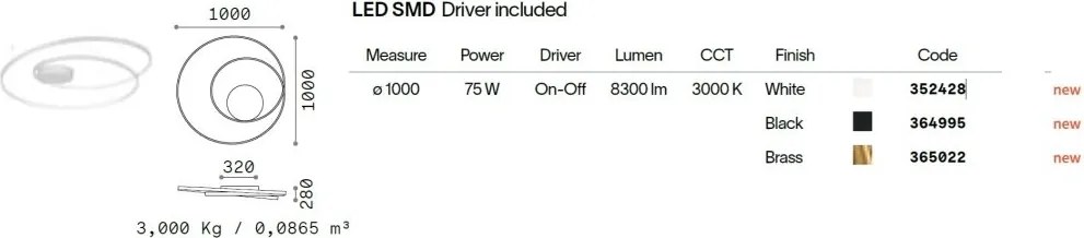 Lustra LED aplicata design circular OZ PL D100 ON-OFF OTTONE 3000K