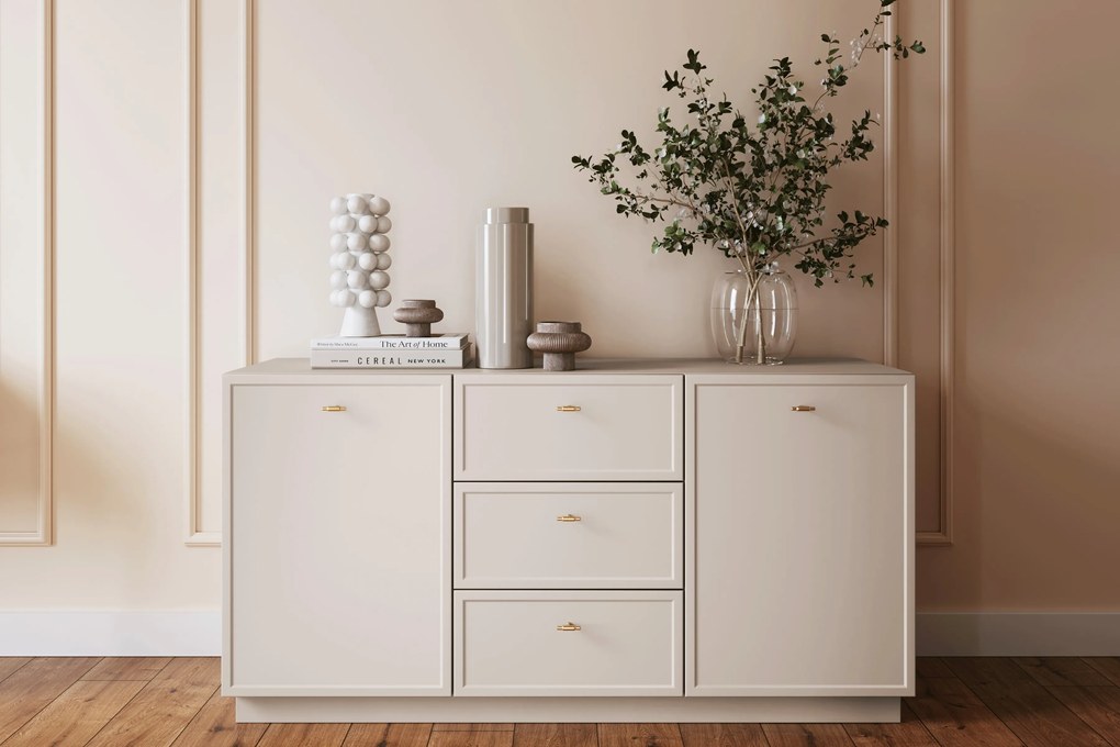 Comodă Lorini 150 cm cu sertare - cașmir / mânere aurii T-bar