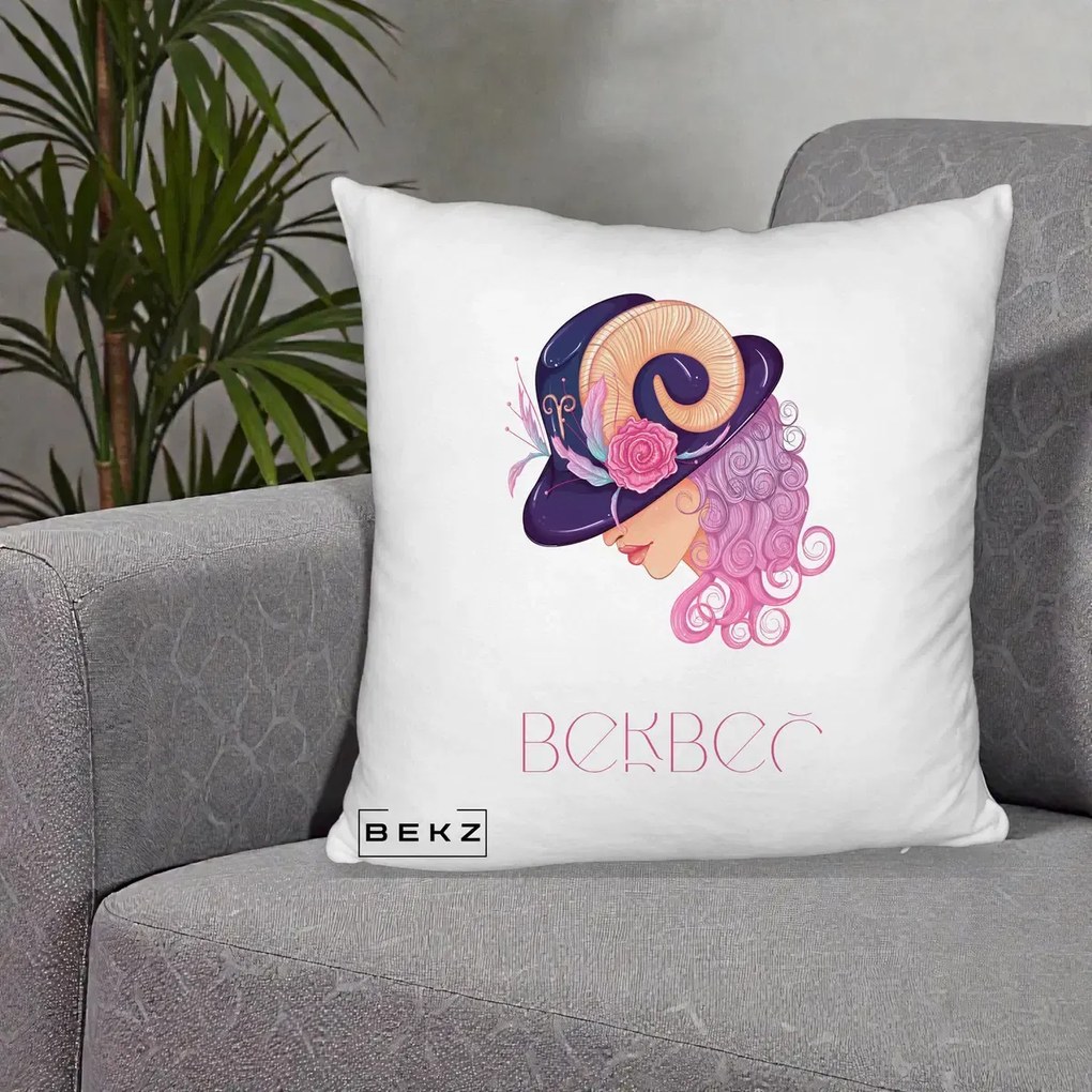 Perna Personalizata Zodie Berbec, 40x40 cm, Alb Pufos, Husa Detasabila, Perna Inclusa, BEKZ®