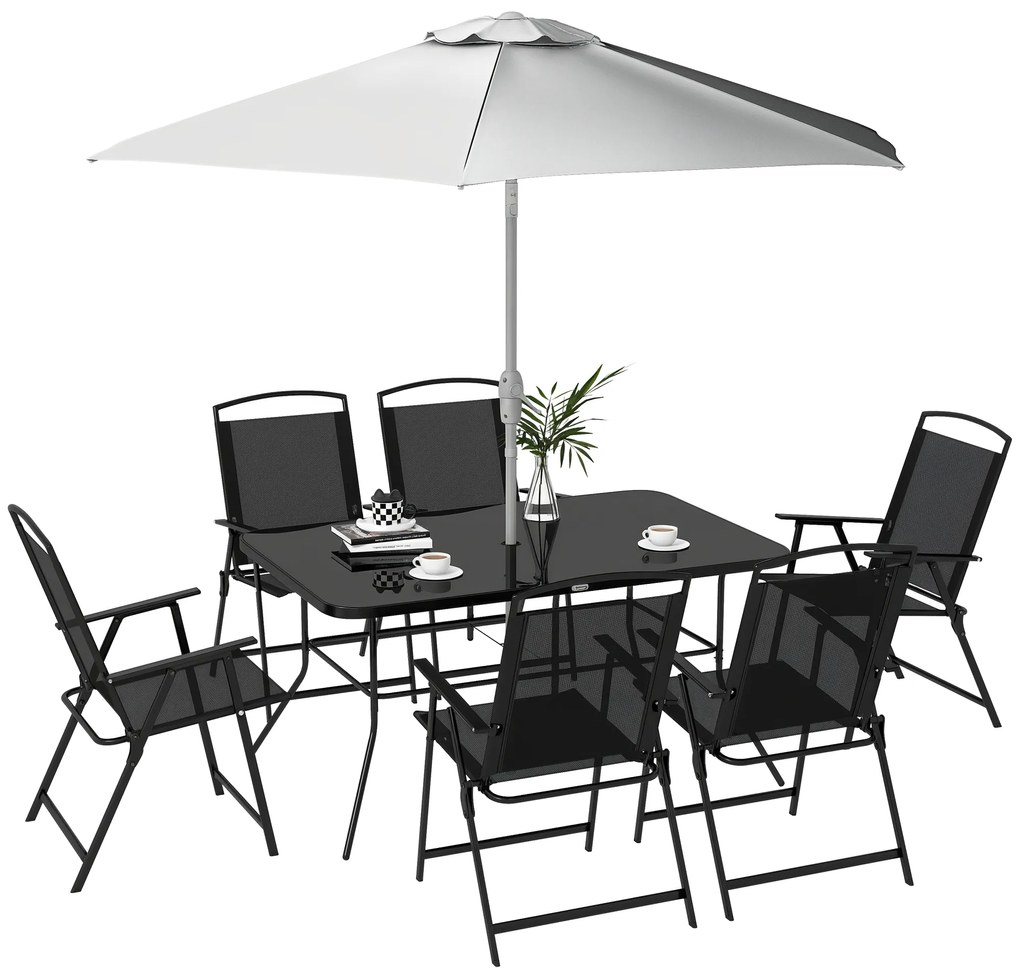 Outsunny Set de grădină cu Masă, 6 Scaune Pliante și Umbrelă de Soare cu Manivelă, Set pentru Exterior din 8 piese, 140x90x70 cm, Gri