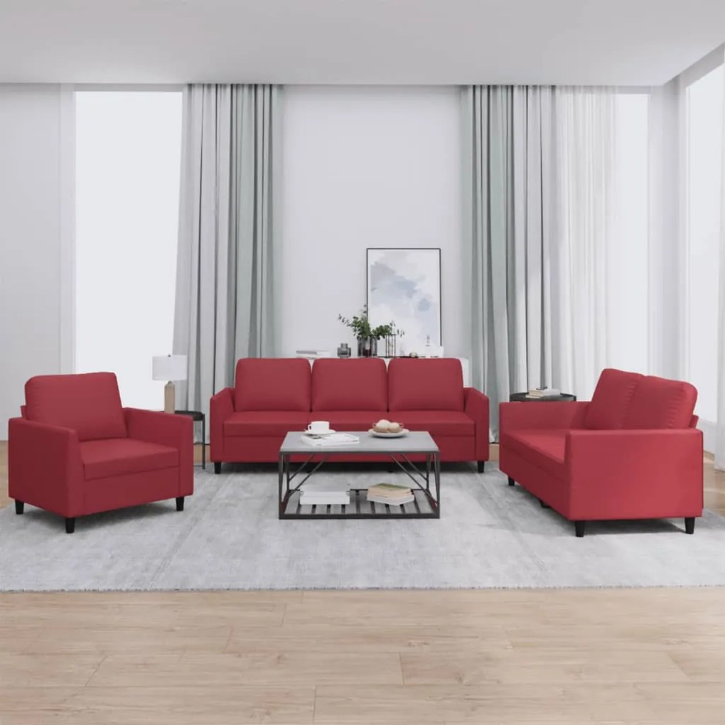 vidaXL Set de canapele cu perne, 3 piese, roșu vin, piele ecologică