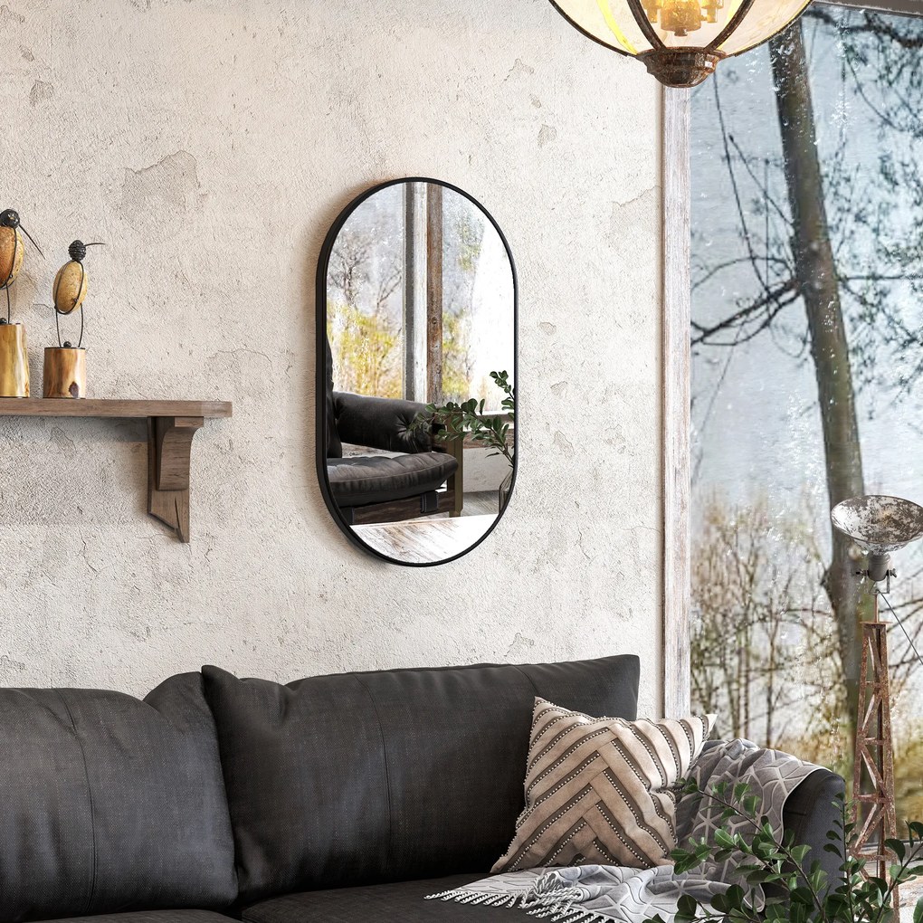 HOMCOM Oglindă ovală murală cu cadru din aluminiu stil minimalist montaj vertical sau orizontal cu 3 cârlige 40 x 70 cm negru | Aosom Romania