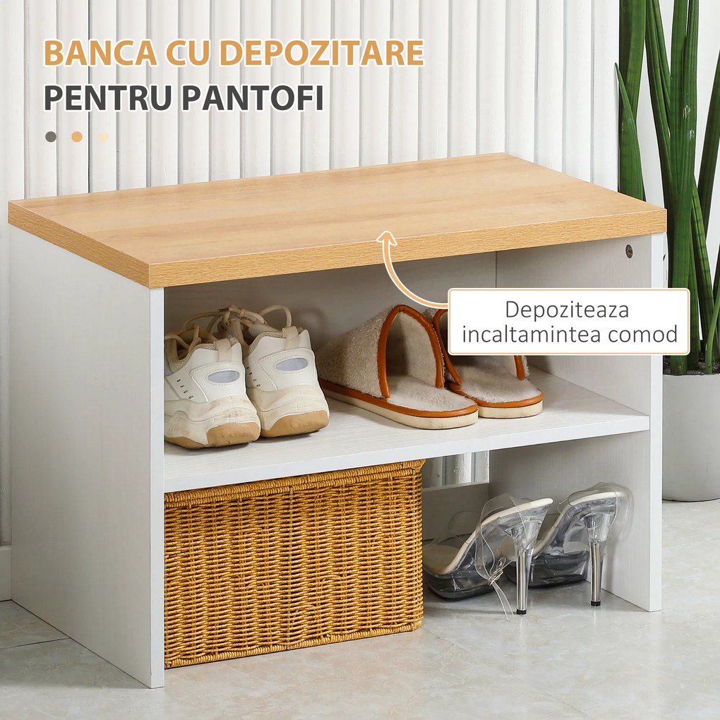 HOMCOM Mobilier Multifuncțional de Hol, cu Suport pentru Pantofi, Bancă și Suport de Haine cu 4 Cârlige, din PAL și Oțel, 60x28x120 cm | Aosom Romania