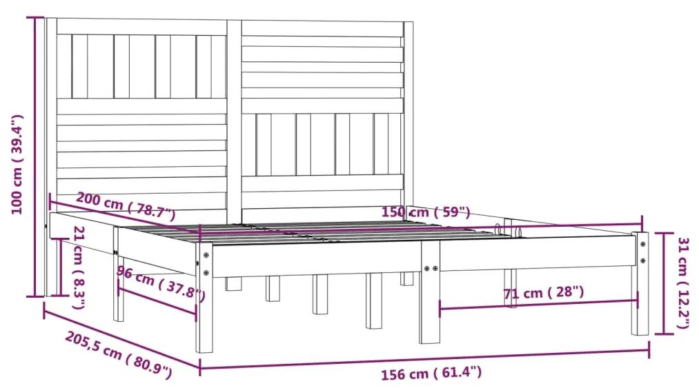 Cadru de pat 5FT King Size, gri, 150x200 cm, lemn masiv de pin Gri, 150 x 200 cm