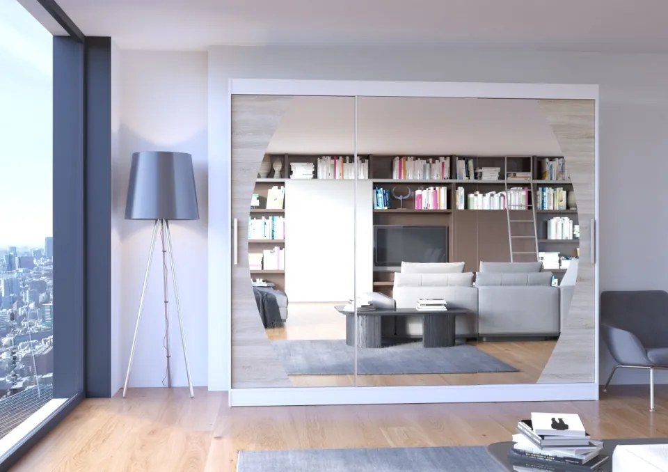 Dulap cu usi glisante si oglinda 250x215 cm, Cambe, ADRK Furniture (Culoare: Alb / Sonoma)