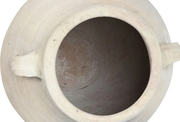 Vas decorativ amforă din teracotă artizanală, finisaj craft alb-crem, cu 2 anse, 55×55×96 cm, „Jerba"