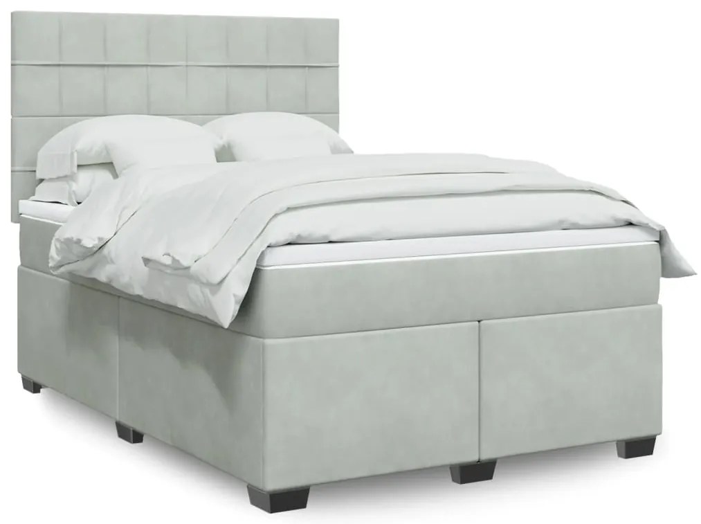 vidaXL Pat box spring cu saltea, gri deschis, 140x200 cm, catifea