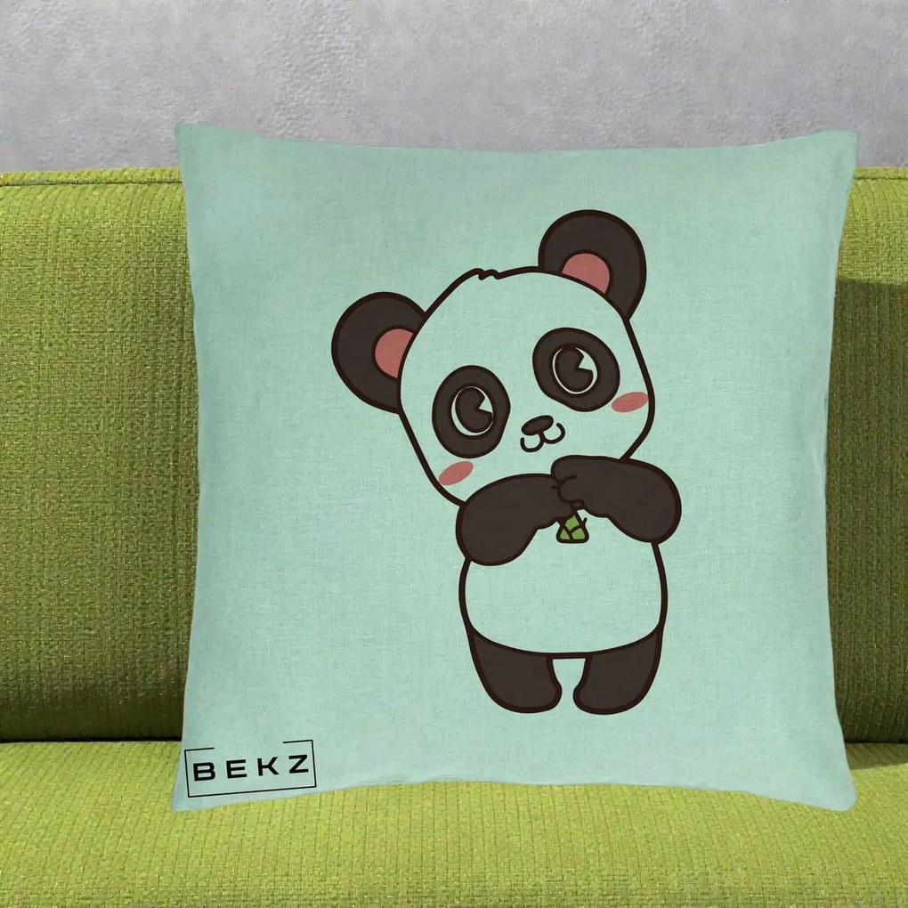 Perna Personalizata Panda Kawaii cu Bambus, 40x40 cm, Verde Menta, Husa Detasabila, Perna Inclusa, BEKZ®