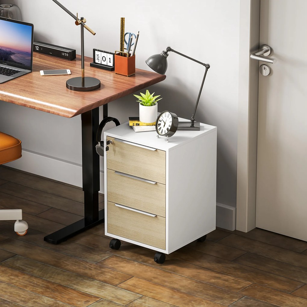HOMCOM Căsuț de birou pe roți cu 3 sertare și lacăt, mobilier depozitare birou pe roți, 40 x 40 x 63,5 cm, stejar | Aosom Romania