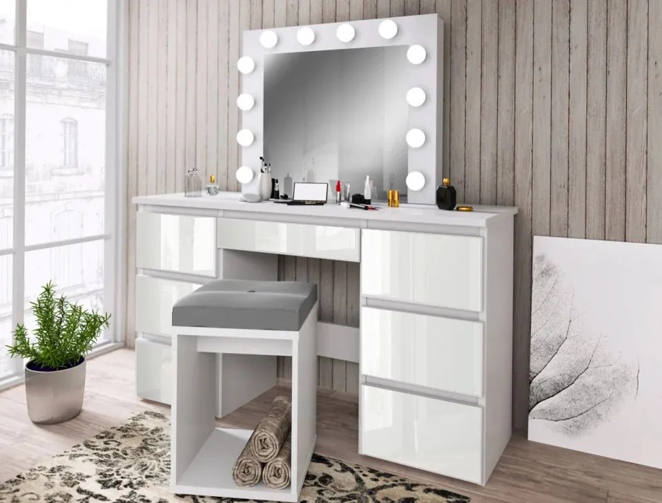 SEA516 - Set Masa toaleta, 120 cm, cosmetica machiaj, masuta vanity, oglinda cu LED-uri - Alb Mat sau Lucios cu sau fara scaun, cu sau fara Priza