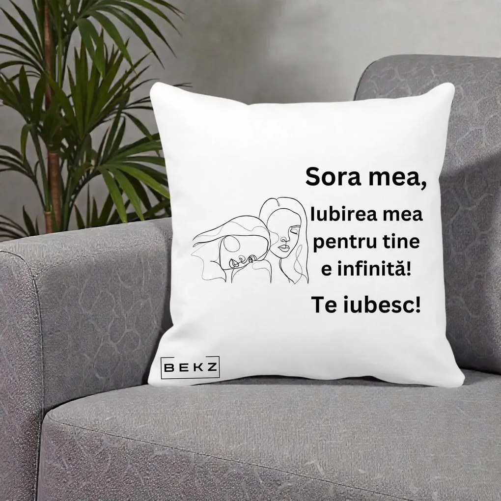Cadou pentru Sora - Perna Personalizata Sora Mea Te Iubesc Line Art Portrete Fata in Fata, 40x40 cm, Alba Mata, Husa Detasabila, Perna Inclusa, BEKZ®