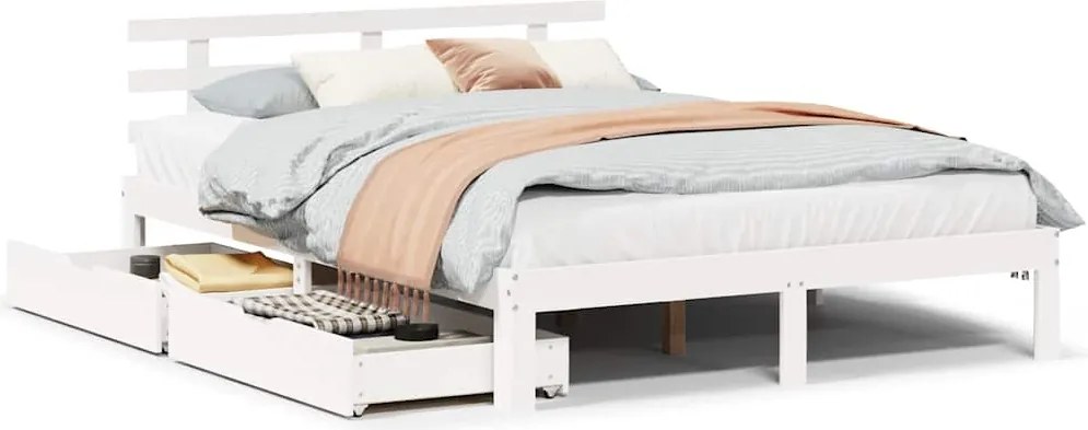 vidaXL Cadru pat cu sertare, 140x200 cm, alb, lemn masiv pin