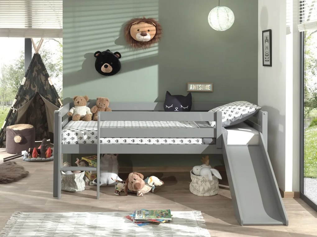 Pat Pino pentru copii cu tobogan, gri, 90x200 cm, înălțime 85 cm – Vipack