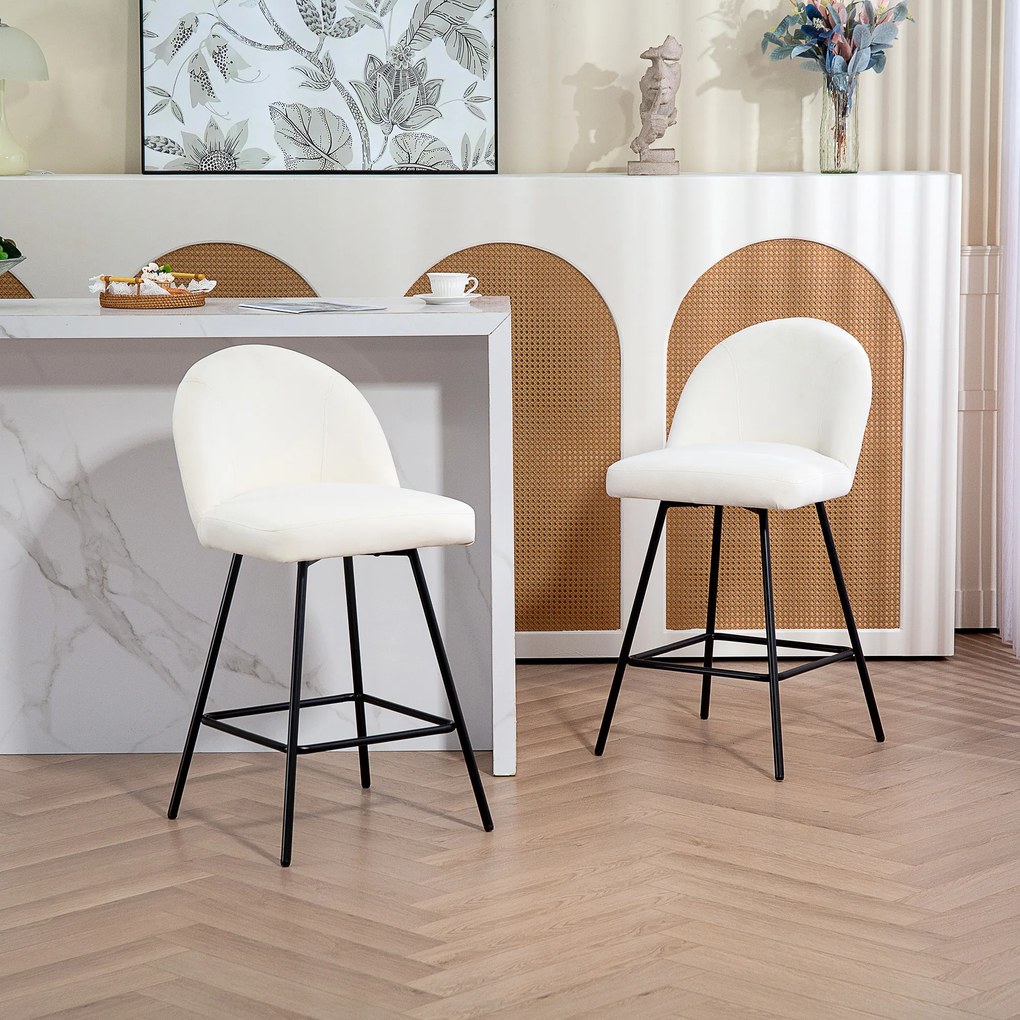 HOMCOM Set 2 Scaune de Bar cu Spătar din Catifea și Suport pentru Picioare, 48.5x56x92 cm, Alb Crem | Aosom Romania