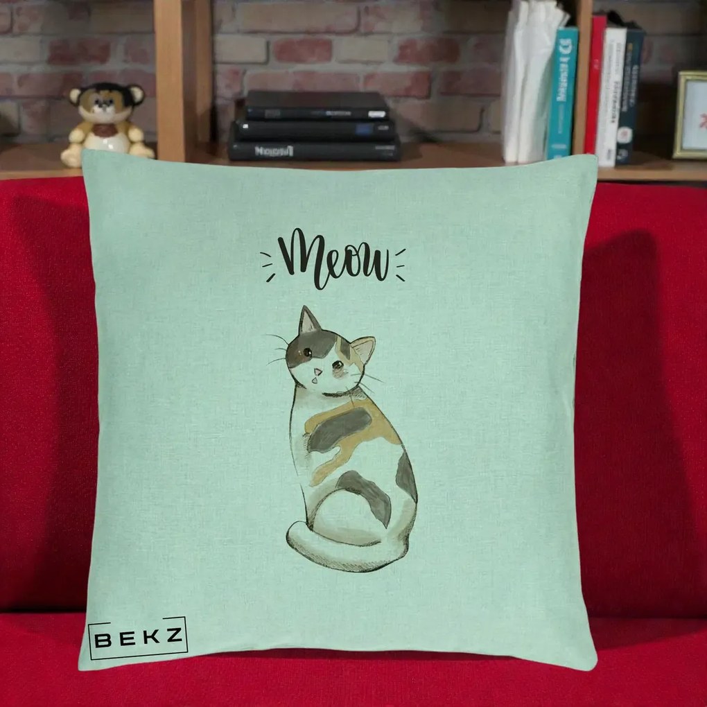 Perna Personalizata Pisica Meow Acuarela, 40x40 cm, Verde Menta, Husa Detasabila, Perna Inclusa, BEKZ®