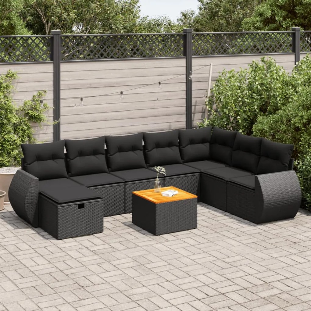 3325856 vidaXL Set mobilier de grădină cu perne, 9 piese, negru, poliratan