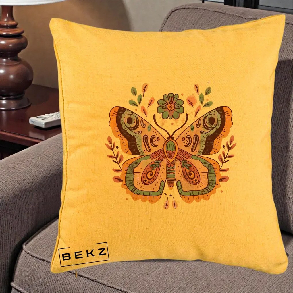 Perna Decorativa Fluture Boho Floral, 40x40 cm, Galben, Husa Detasabila, Perna Inclusa, BEKZ®