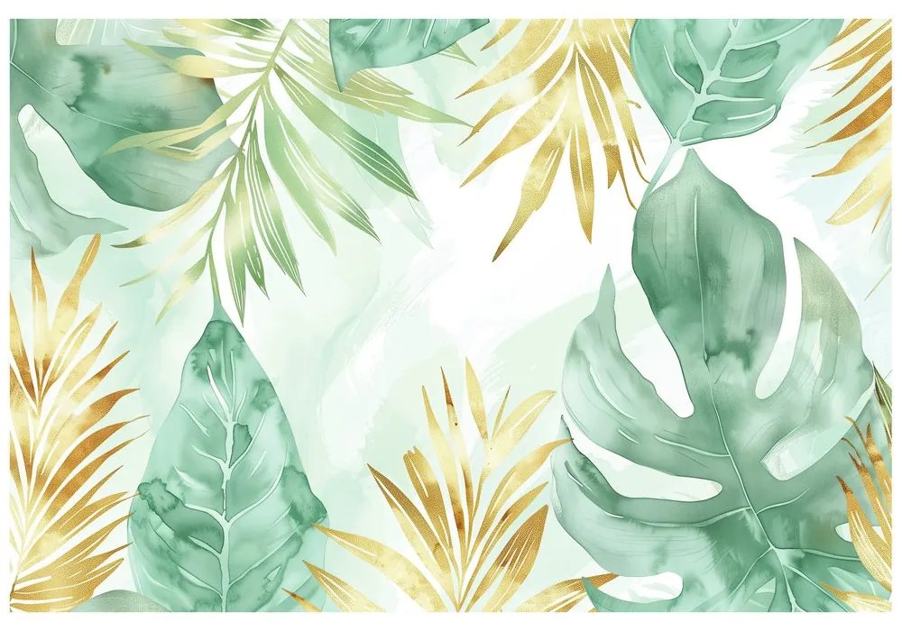 Tapet frunze pastelate verde-aurie