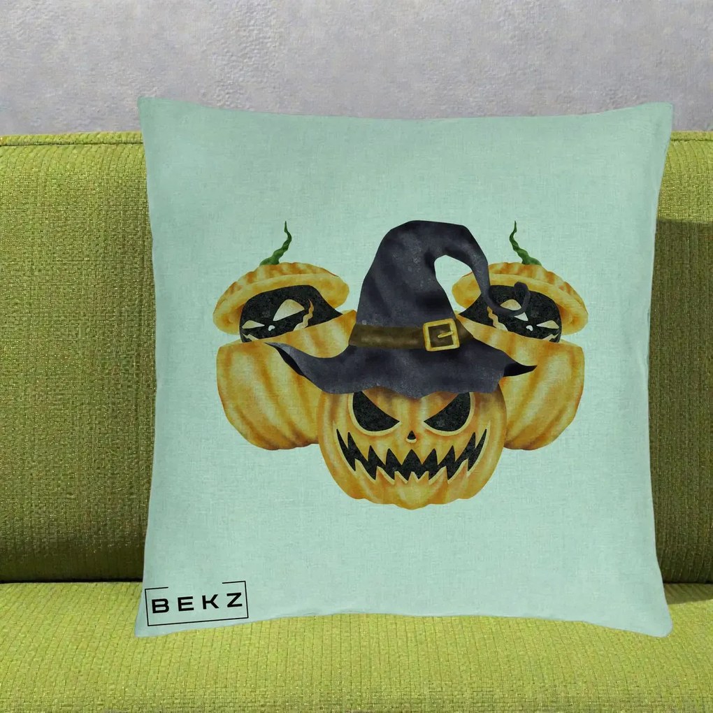Perna Decorativa Trio Dovleci Jack-o-Lantern cu Palarie Vrajitoare, 40x40 cm, Verde Menta, Husa Detasabila, Perna Inclusa, BEKZ®